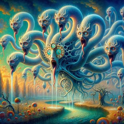 The primary subject of the image is a large, intricate, and colorful artwork featuring a giant, multi-headed, and multi-tongued creature. The creature is surrounded by a variety of smaller, similar creatures, creating a sense of depth and complexity. The setting is a lush, green environment with a body of water, possibly a river, in the foreground. The visual style of the artwork is a combination of digital art and illustration, with a vibrant and surreal atmosphere. The dominant